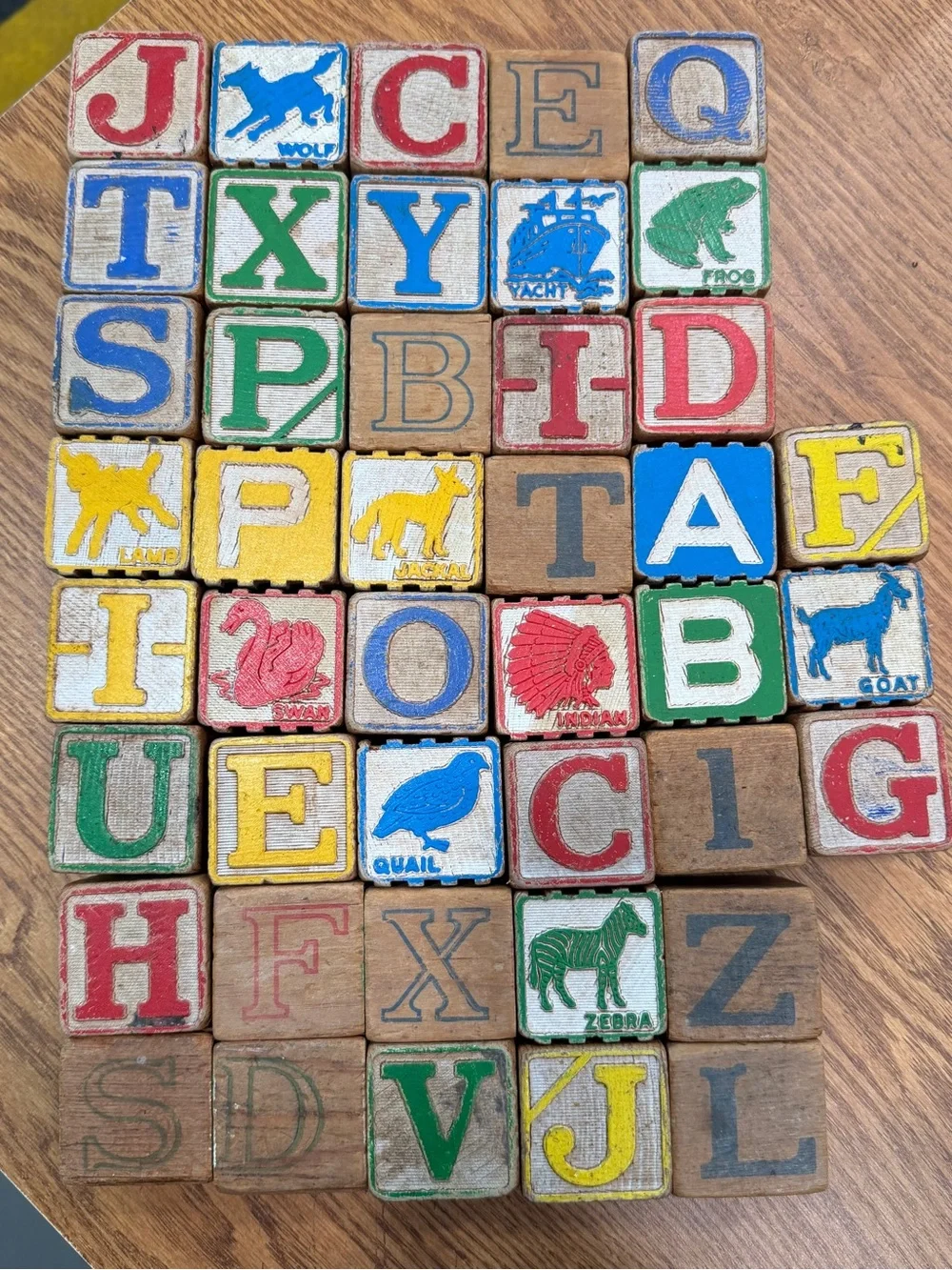 Vintage Antique Wooden Children's Toy Alphabet 43 Blocks Distressed 4 Sided